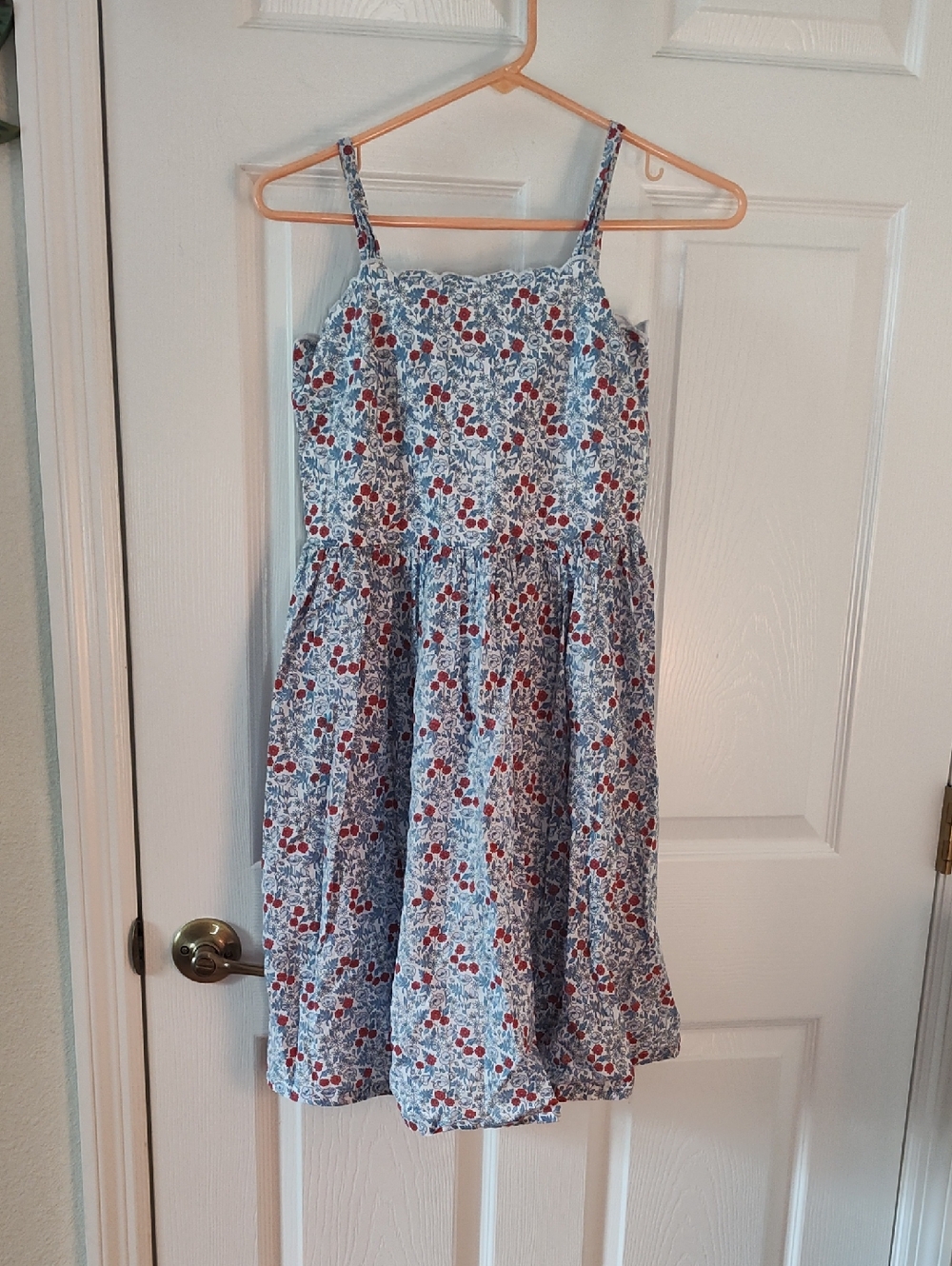 Girls Blue Floral Cherry Print Spaghetti-Strap Dress